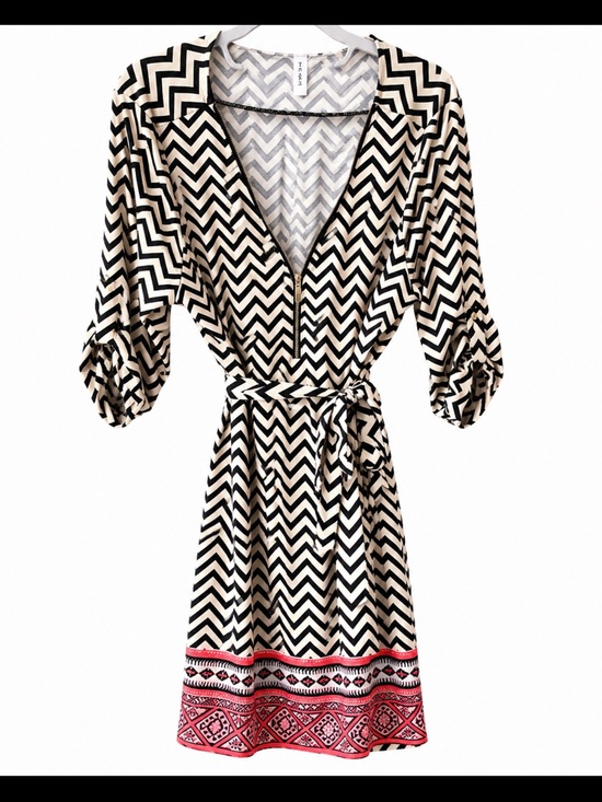 Tacera Dresses & Skirts - Tacera Chevron Wrap Dress in Black and Cream with Pink Tint